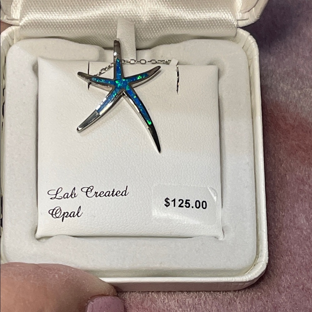 Sterling Silver Necklace with Starfish Pendant with Blue Opal Inlay. BNWT